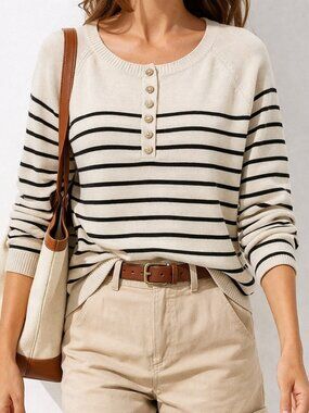 Preppy French Girl European Minimalist Striped Classic Crewneck Sweater [size L]